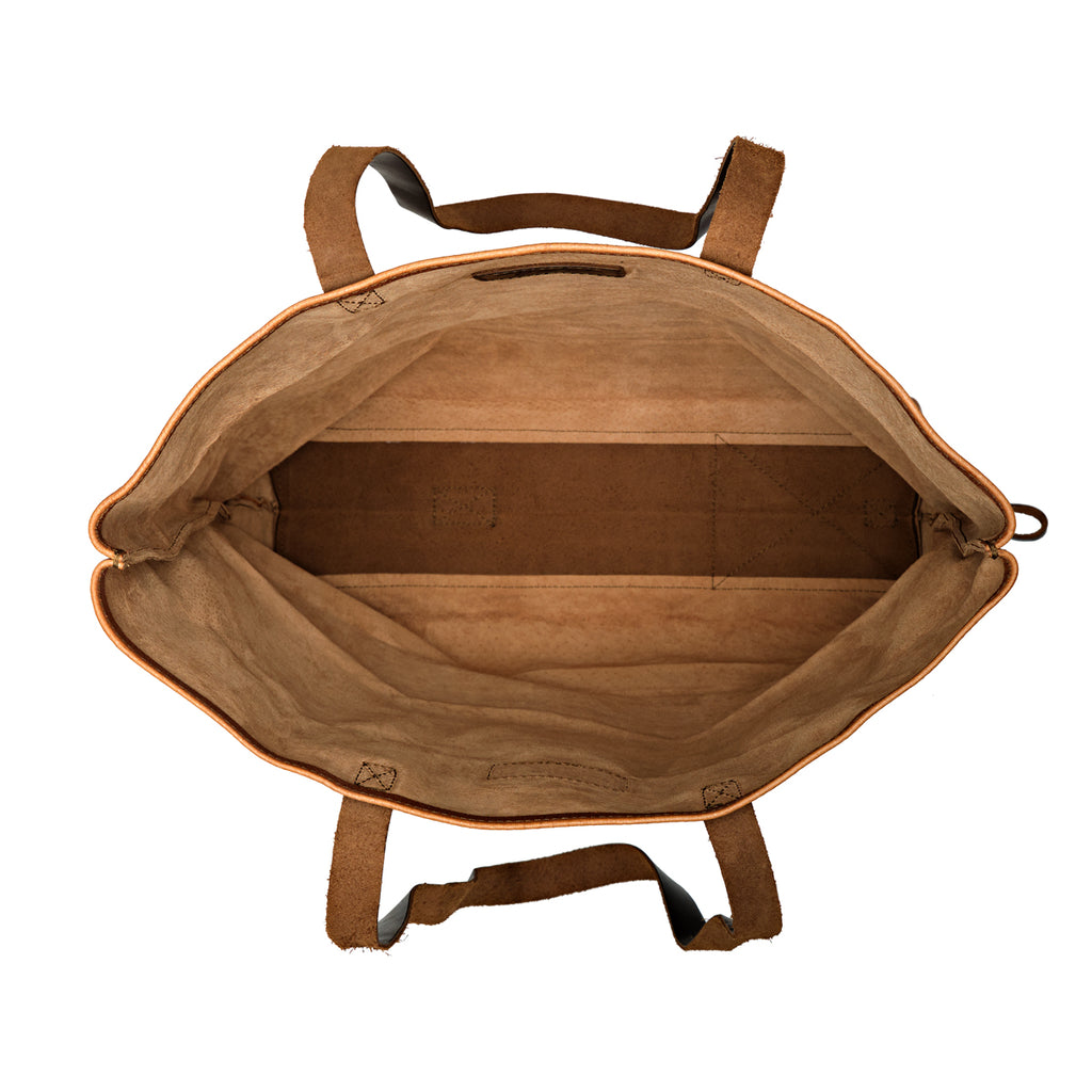 Travel Tote in Bacon, top view open and empty showing the roomy interior and leather base panel