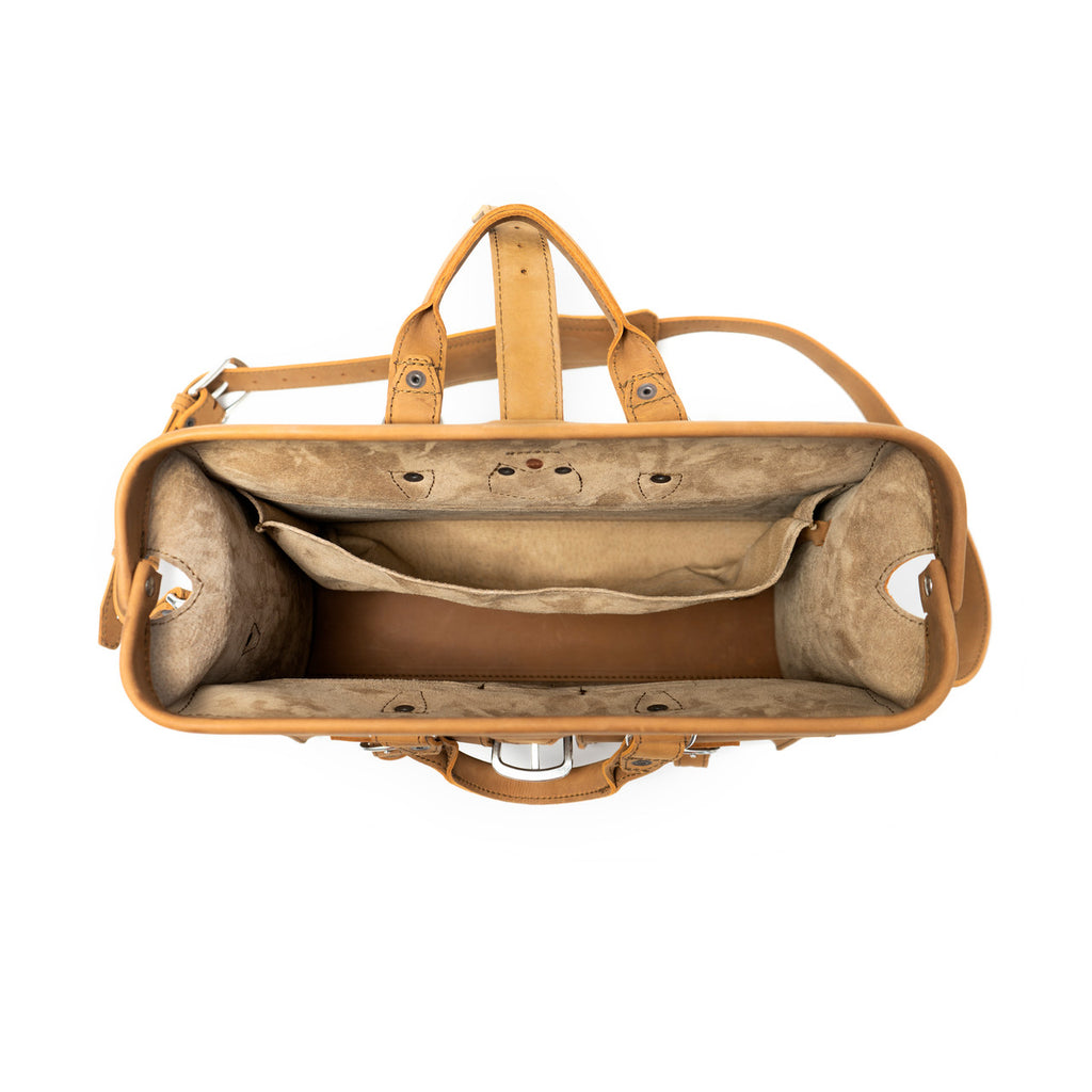 Flight Bag Leather Briefcase in tan, top-down view of the open main compartment with pigskin lining