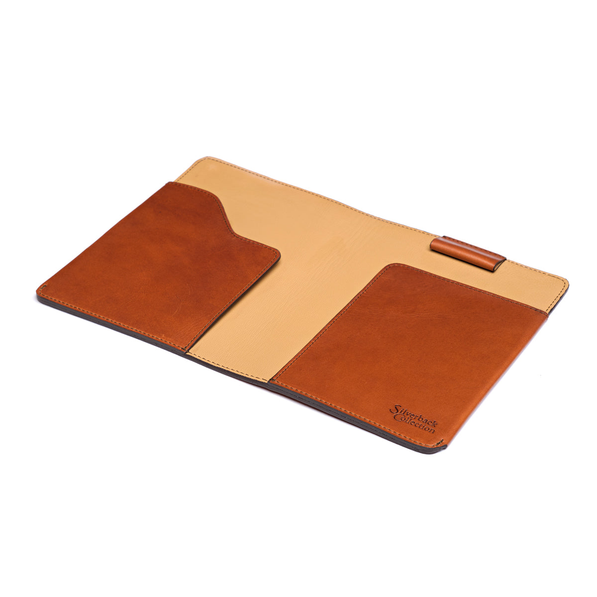 J.R.R. Tolkien Journal Cover in English Tan, open flat showing the tan lining, pockets and pen loop
