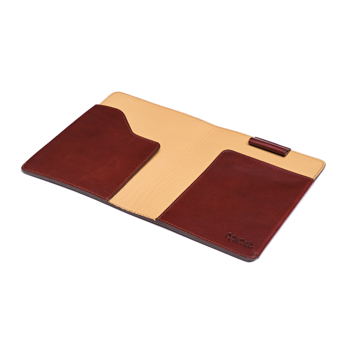 J.R.R. Tolkien Journal Cover in Oxblood, open flat showing the tan lining, pockets and pen loop