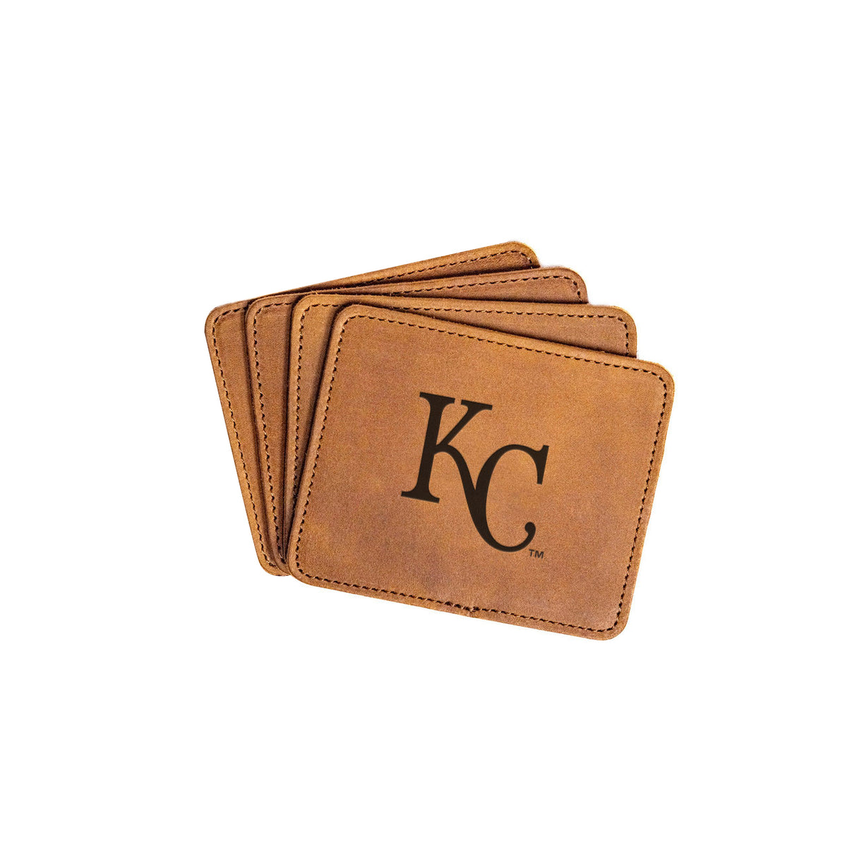 Kansas City Royals Leather Coaster Set in Tobacco, four fanned coasters with embossed KC logo