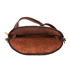 Leather Tumbled Fanny Bag in Chestnut, unzipped flat showing the empty suede-lined interior
