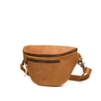 Leather Tumbled Fanny Bag in Tobacco, angled side view showing the zippered front pocket