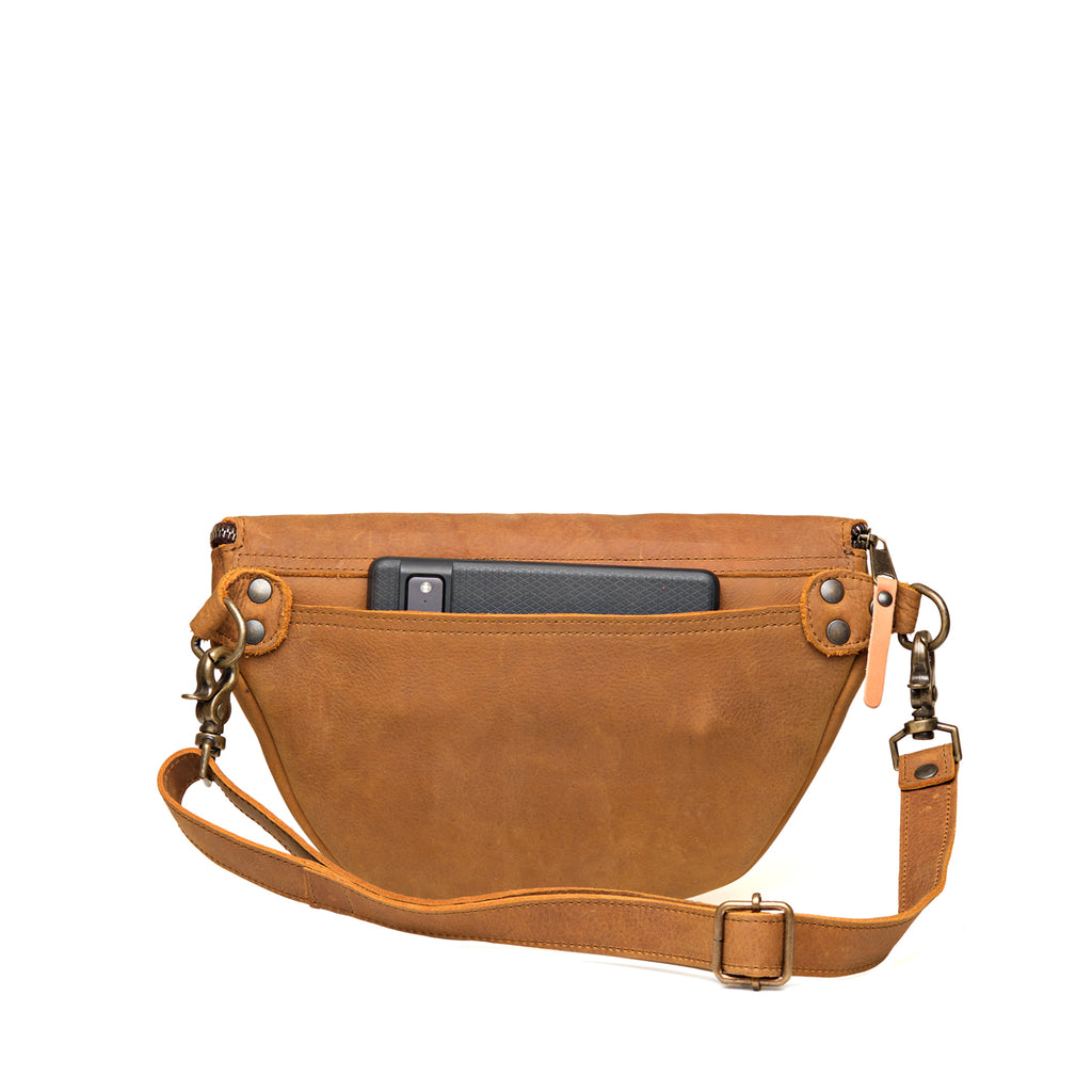 Leather Tumbled Fanny Bag in Tobacco, back view with a phone in the rear slip pocket