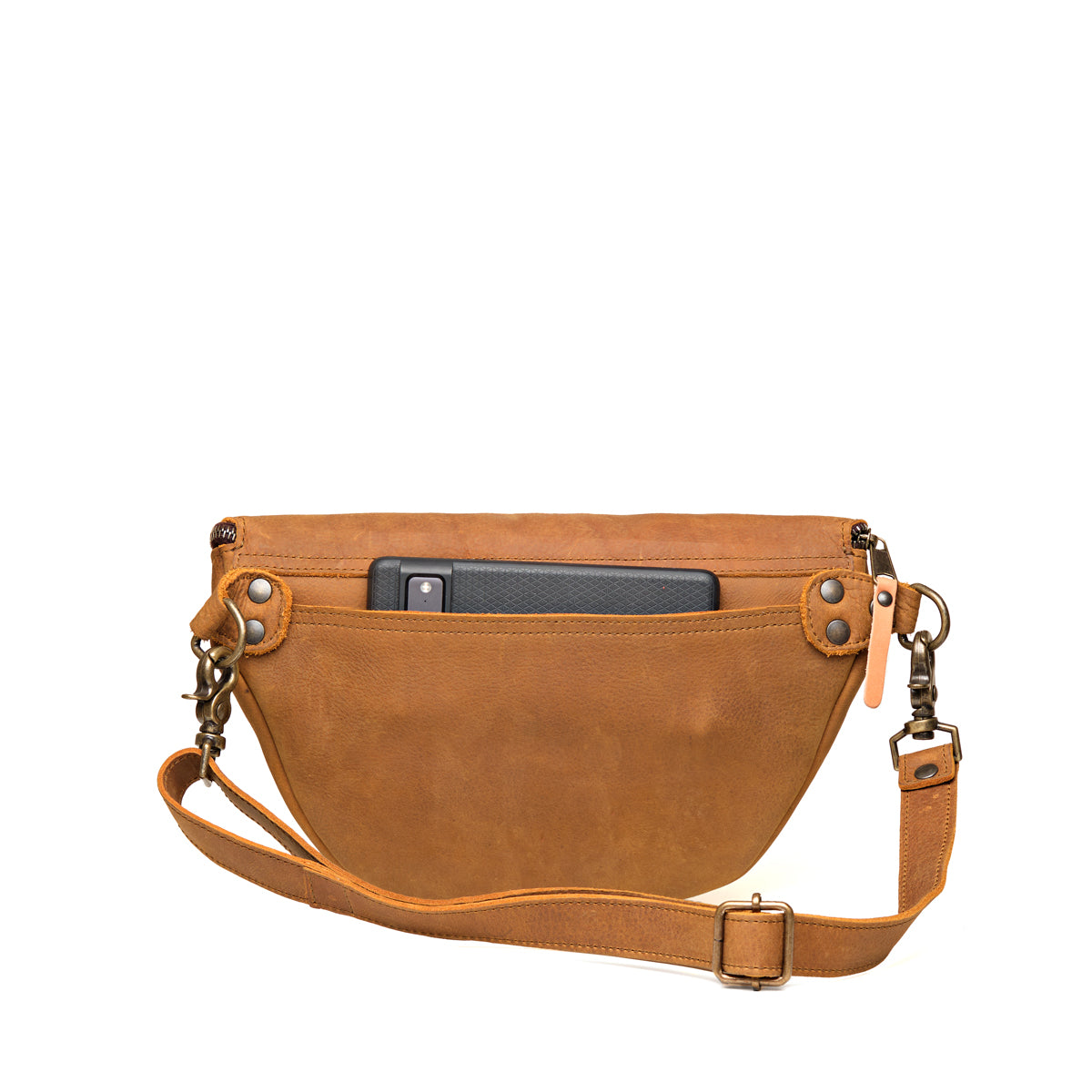 Leather Tumbled Fanny Bag in Tobacco, back view with a phone in the rear slip pocket