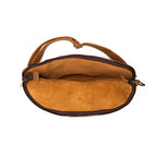 Leather Tumbled Fanny Bag in Tobacco, unzipped flat showing the empty suede-lined interior