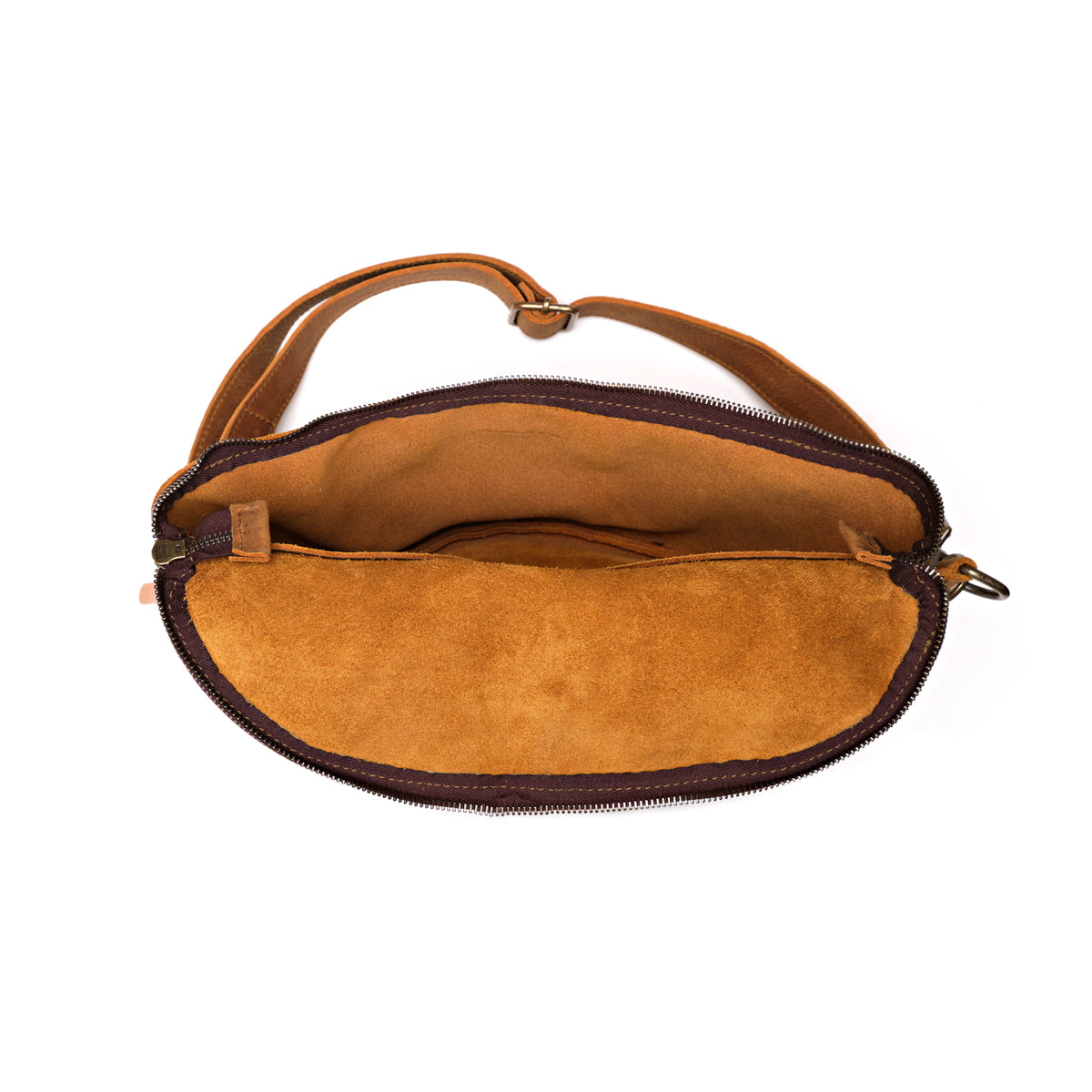 Leather Tumbled Fanny Bag in Tobacco, unzipped flat showing the empty suede-lined interior