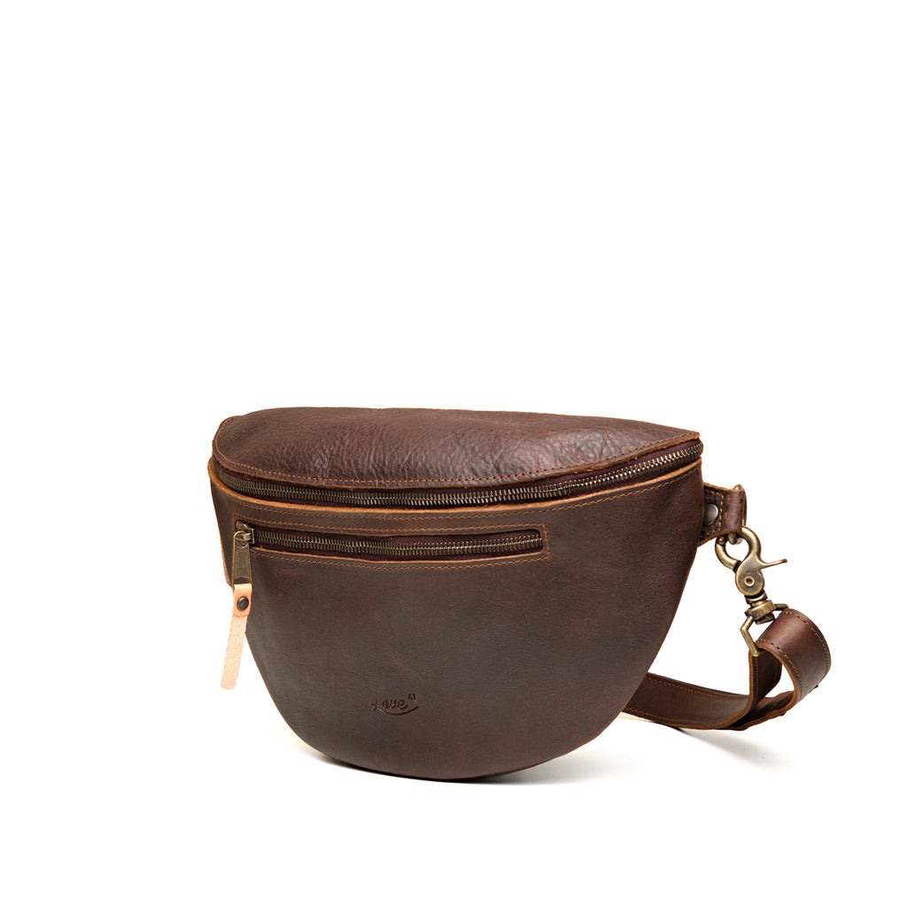 Leather Tumbled Fanny Bag in Dark Coffee Brown, angled side view showing the zippered front pocket