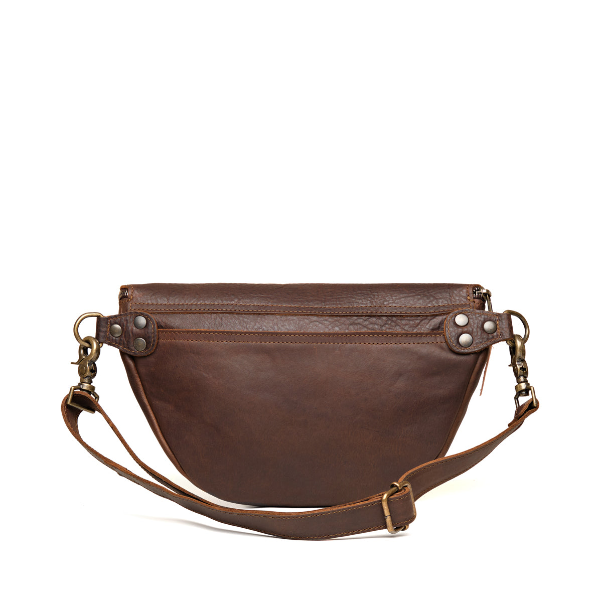 Leather Tumbled Fanny Bag in Dark Coffee Brown, back view with rear slip pocket and buckled strap