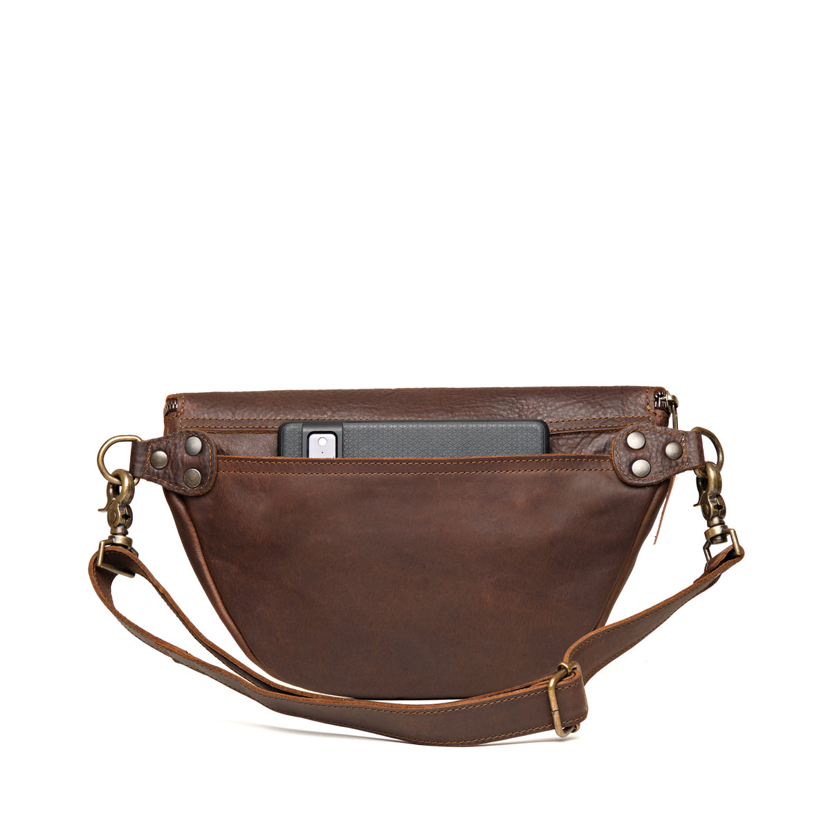 Leather Tumbled Fanny Bag in Dark Coffee Brown, back view with a phone in the rear slip pocket