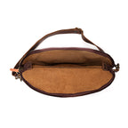 Leather Tumbled Fanny Bag in Dark Coffee Brown, unzipped flat showing the empty suede-lined interior