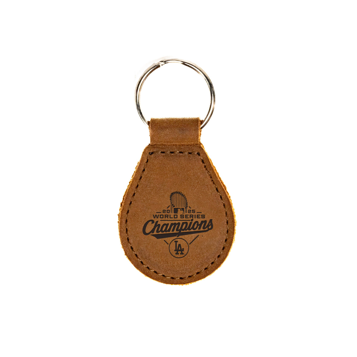 Leather Keychain - Los Angeles Dodgers World Series Champions in Tobacco, teardrop fob engraved with champions logo