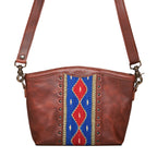 Lanita Medium Crossbody in Chestnut, front view with blue and red woven panel, stud trim and shoulder strap