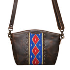 Lanita Medium Crossbody in Dark Coffee Brown, front view with blue and red woven panel, stud trim and shoulder strap