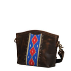 Lanita Medium Crossbody in Dark Coffee Brown, angled front view with blue and red woven panel and stud trim