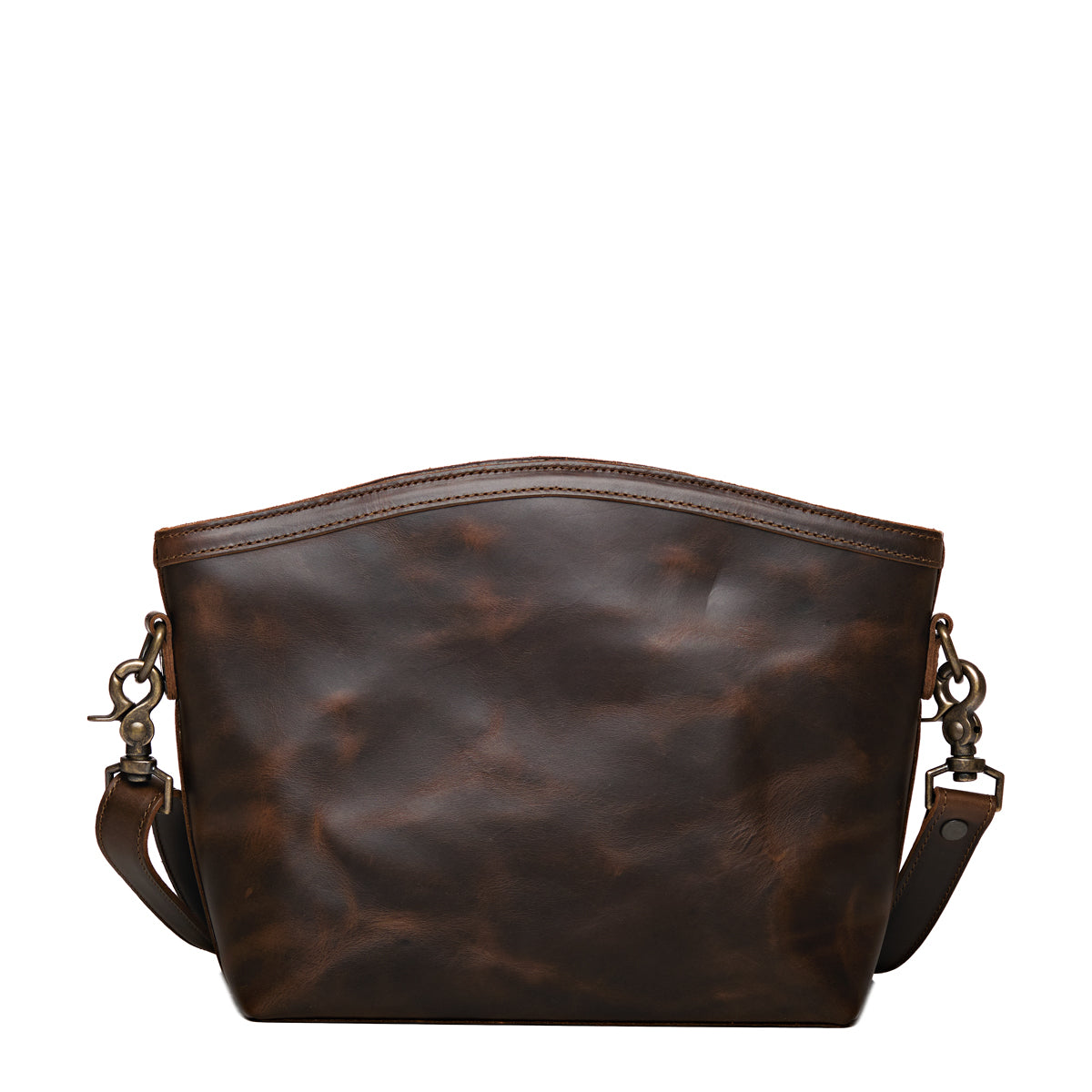Lanita Medium Crossbody in Dark Coffee Brown, back view of plain leather side with strap clips