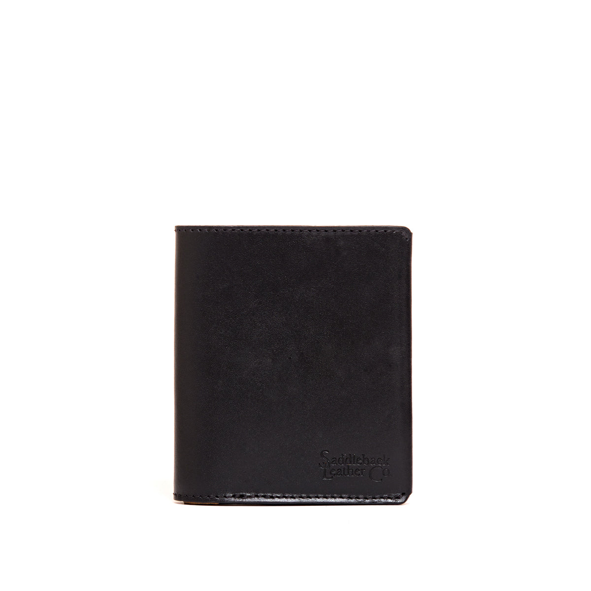 Large Bifold Wallet in Black, closed front view with embossed logo