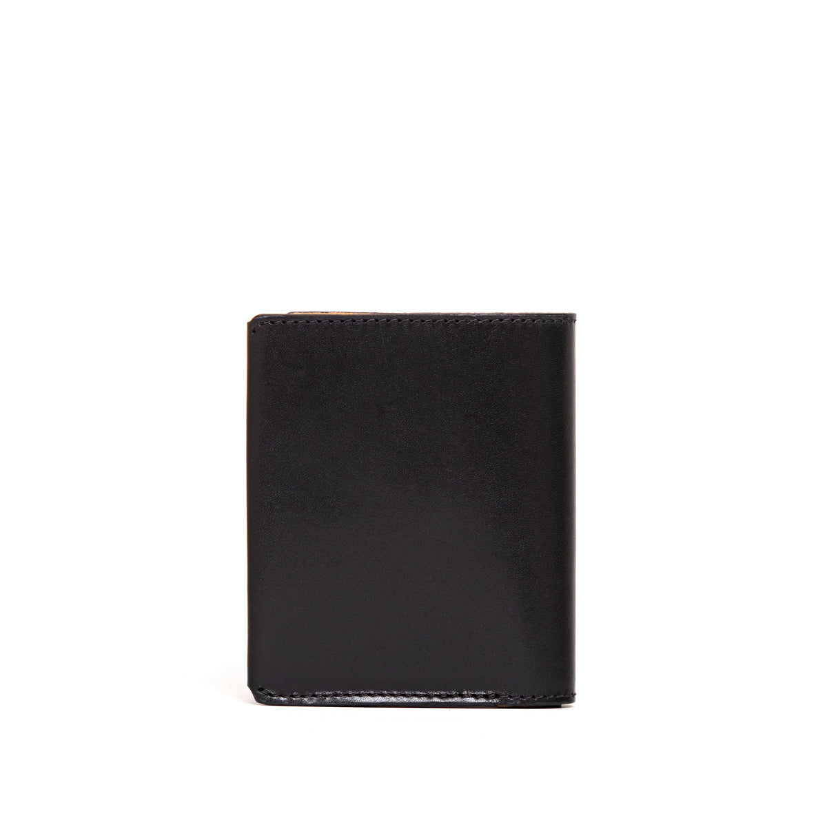 Large Bifold Wallet in Black, closed back view with stitched edges