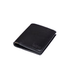 Large Bifold Wallet in Raven Black, closed angled view with embossed logo on the front