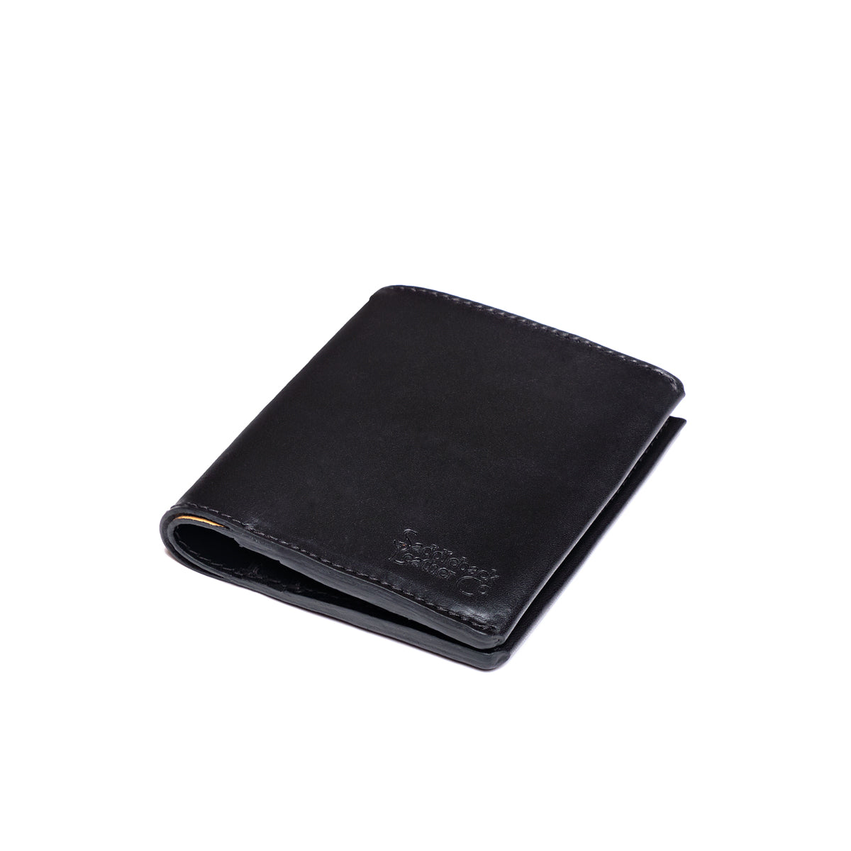 Large Bifold Wallet in Raven Black, closed angled view with embossed logo on the front