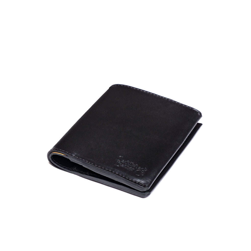 Large Bifold Wallet in Black, closed angled view with embossed logo