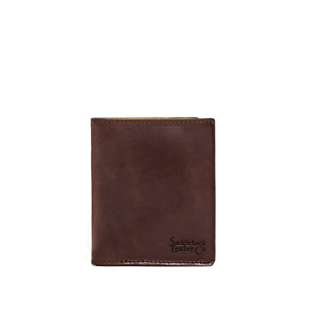 Large Bifold Wallet in Dark Coffee Brown, closed front view with stitched edges and embossed logo