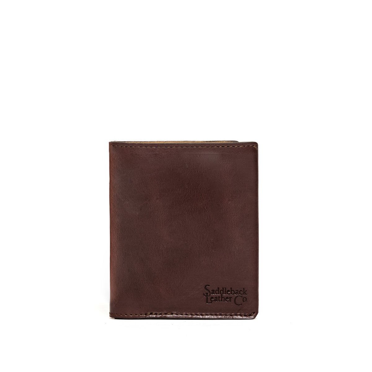 Large Bifold Wallet in Dark Coffee Brown, closed front view with stitched edges and embossed logo