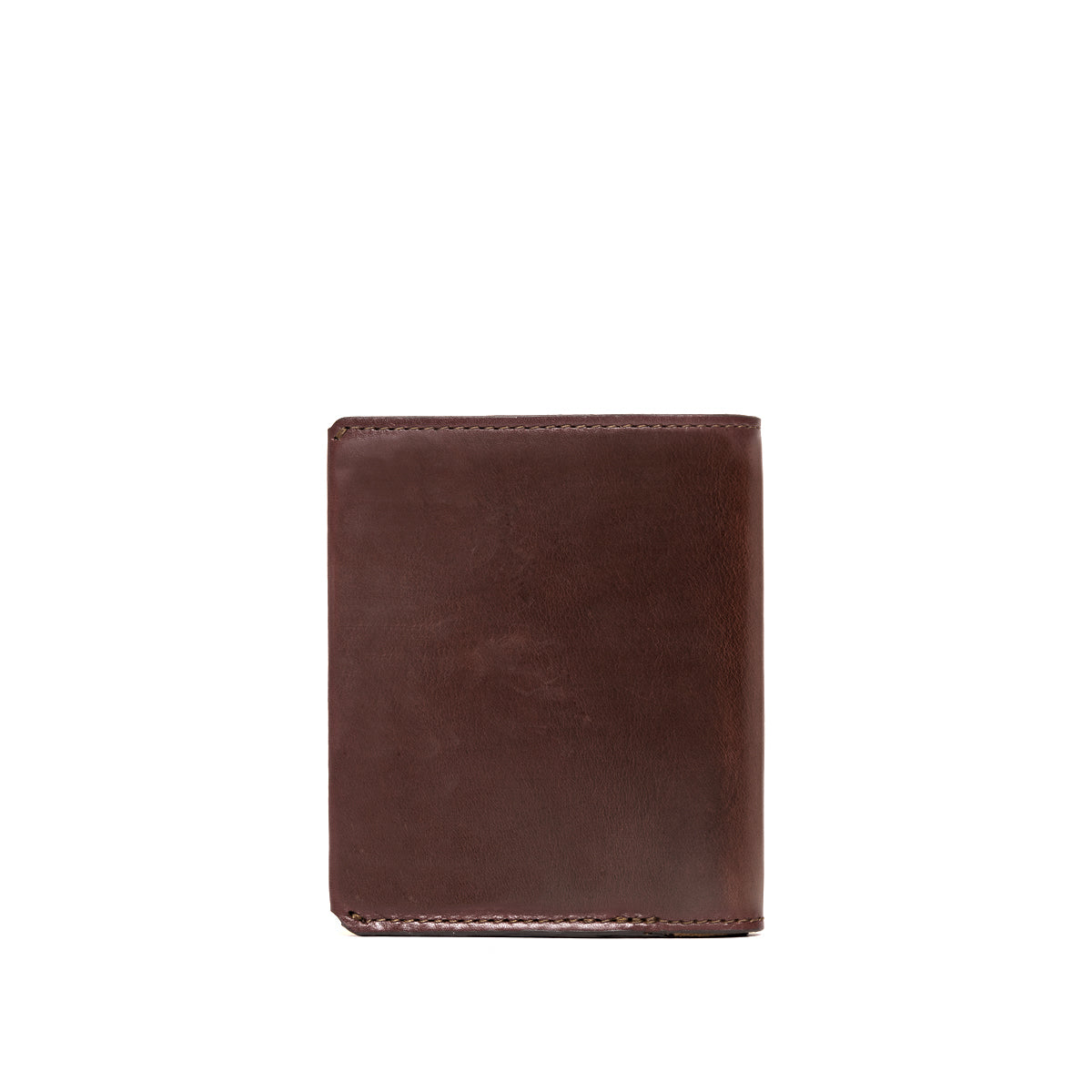 Large Bifold Wallet in Dark Coffee Brown, closed back view with stitched edges