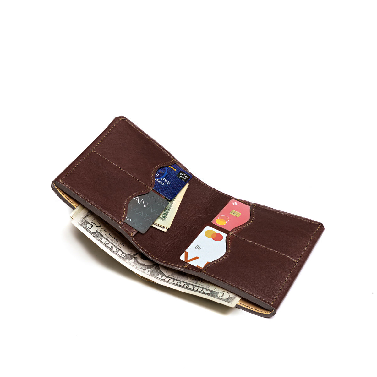 Large Bifold Wallet in Dark Coffee Brown, opened and filled with cards and folded cash