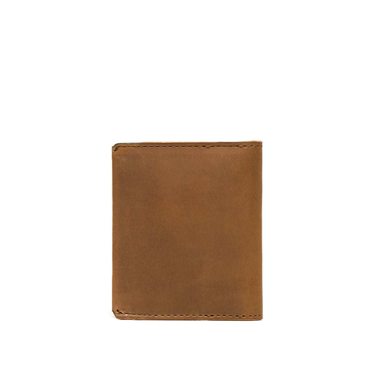 Large Bifold Wallet in Tobacco, closed back view with stitched edges