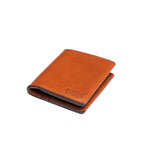 Large Bifold Wallet in English Tan, closed angled view with embossed logo on the front