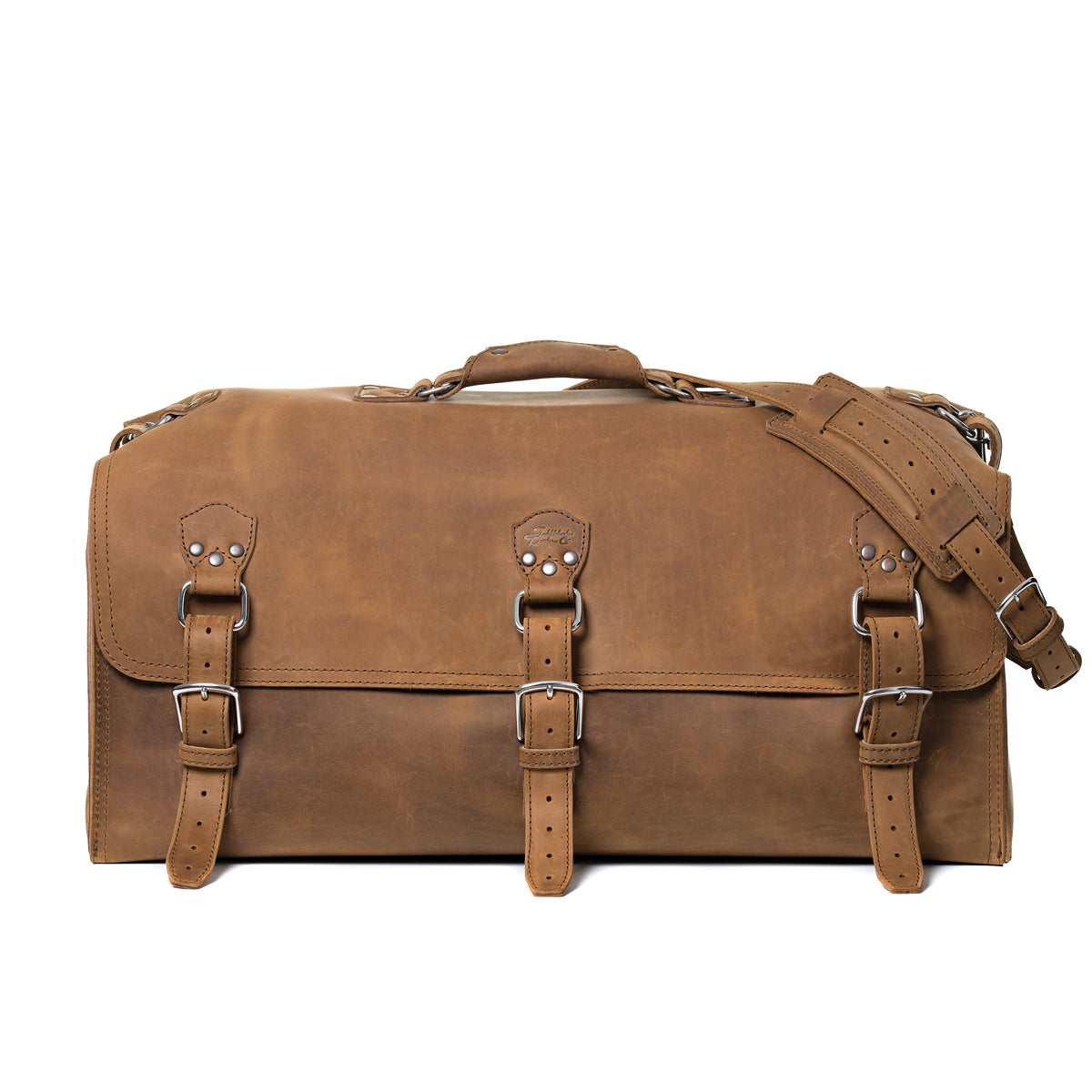 27" Adolescent Beast Duffle Bag in Tobacco, front view with three buckle straps and shoulder strap