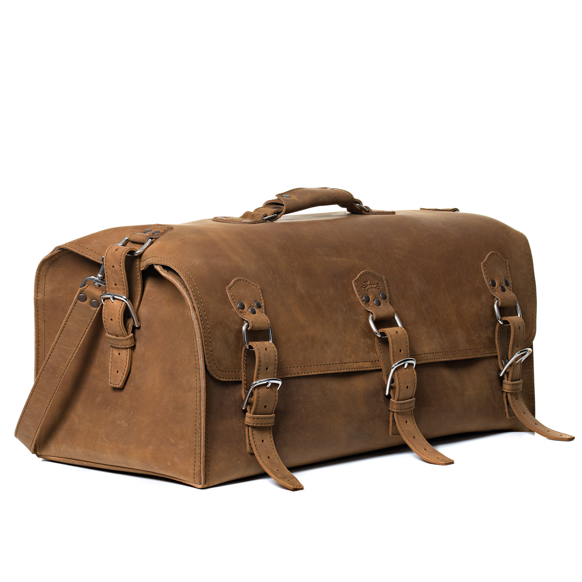 27" Adolescent Beast Duffle Bag in Tobacco, angled front view with three buckle straps and top handle