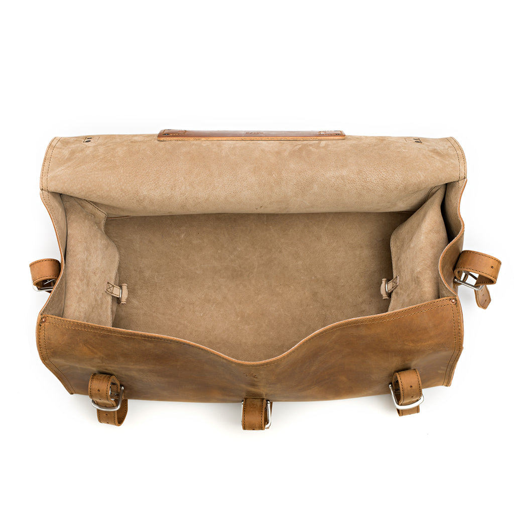 27" Adolescent Beast Duffle Bag in Tobacco, top view open and empty showing the suede lining