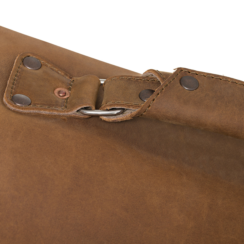 27" Adolescent Beast Duffle Bag in Tobacco, close-up of the riveted handle anchor and D-ring