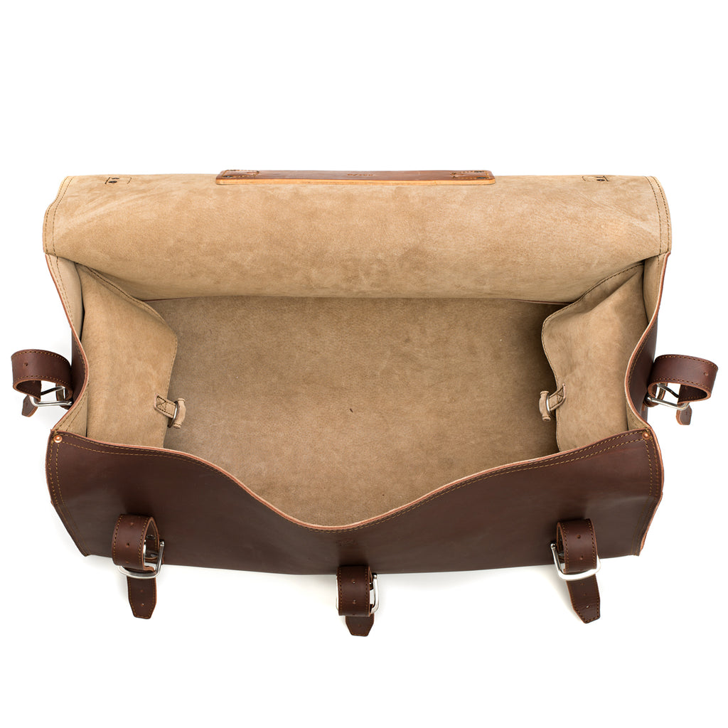 27" Adolescent Beast Duffle Bag in Chestnut, top view open and empty showing the suede lining