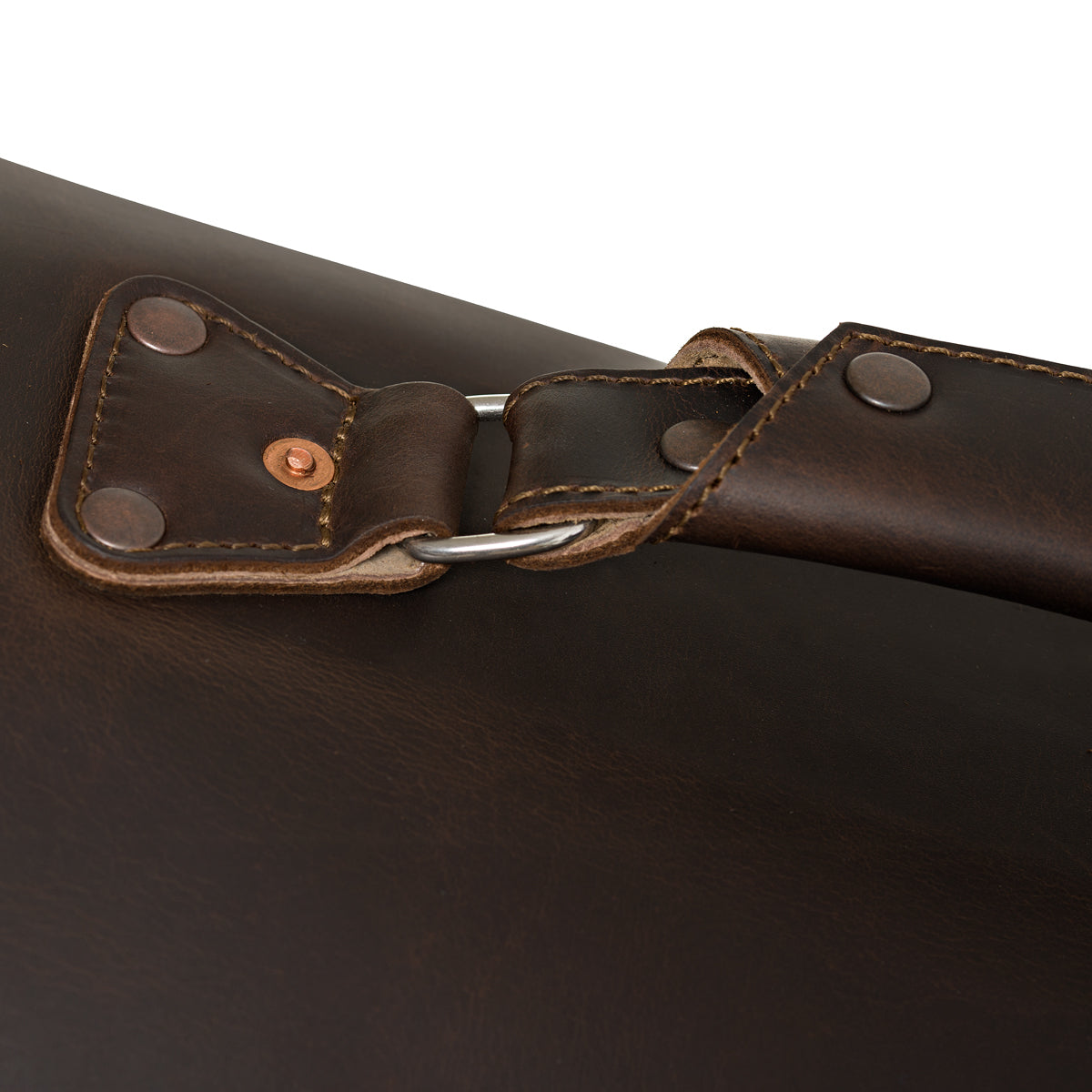 27" Adolescent Beast Duffle Bag in Dark Coffee Brown, close-up of the riveted handle anchor and D-ring