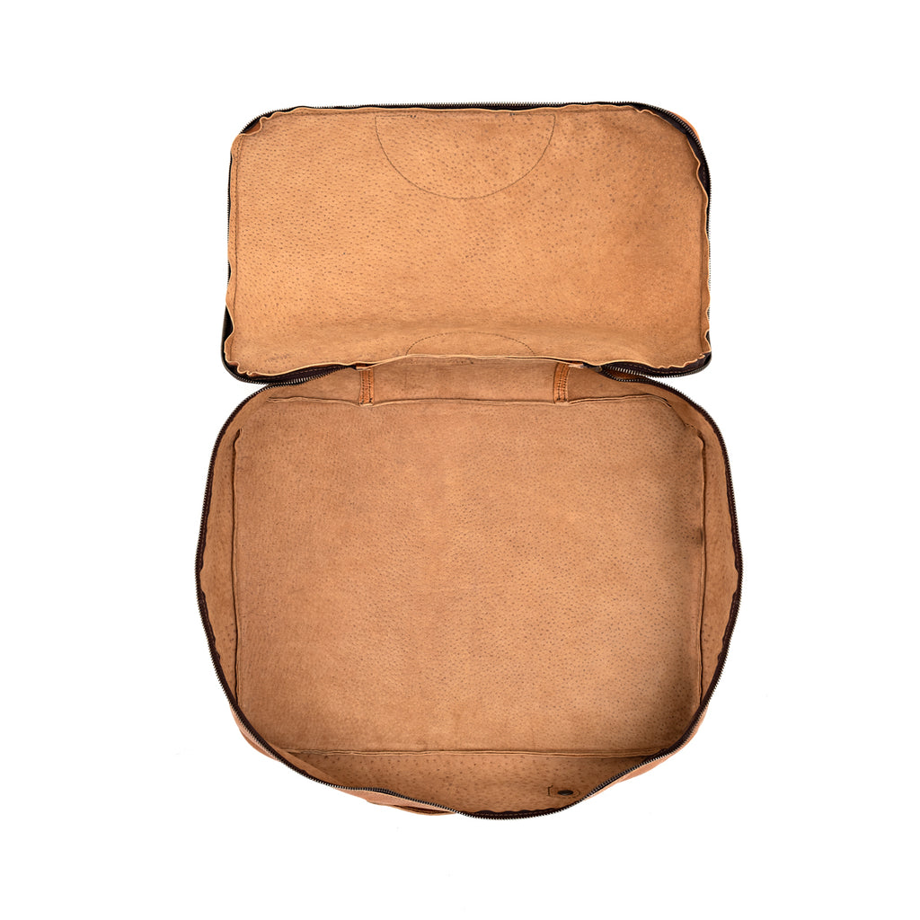 Pigskin Leather Packing Cube Set, large cube unzipped flat showing the empty suede interior