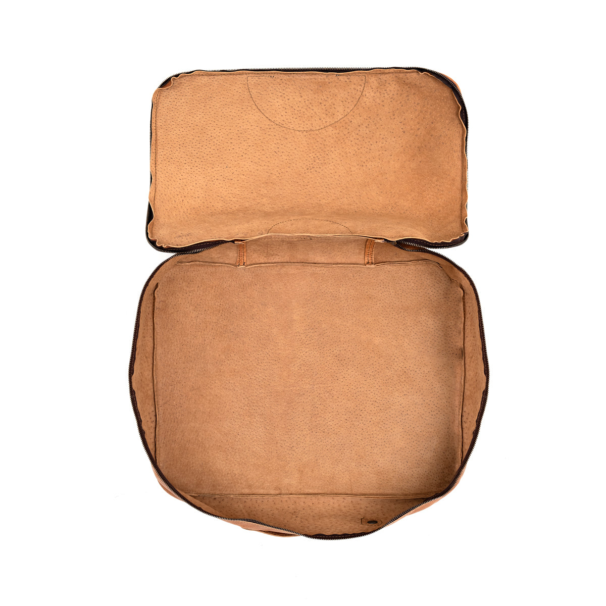 Pigskin Leather Packing Cube Set, large cube unzipped flat showing the empty suede interior