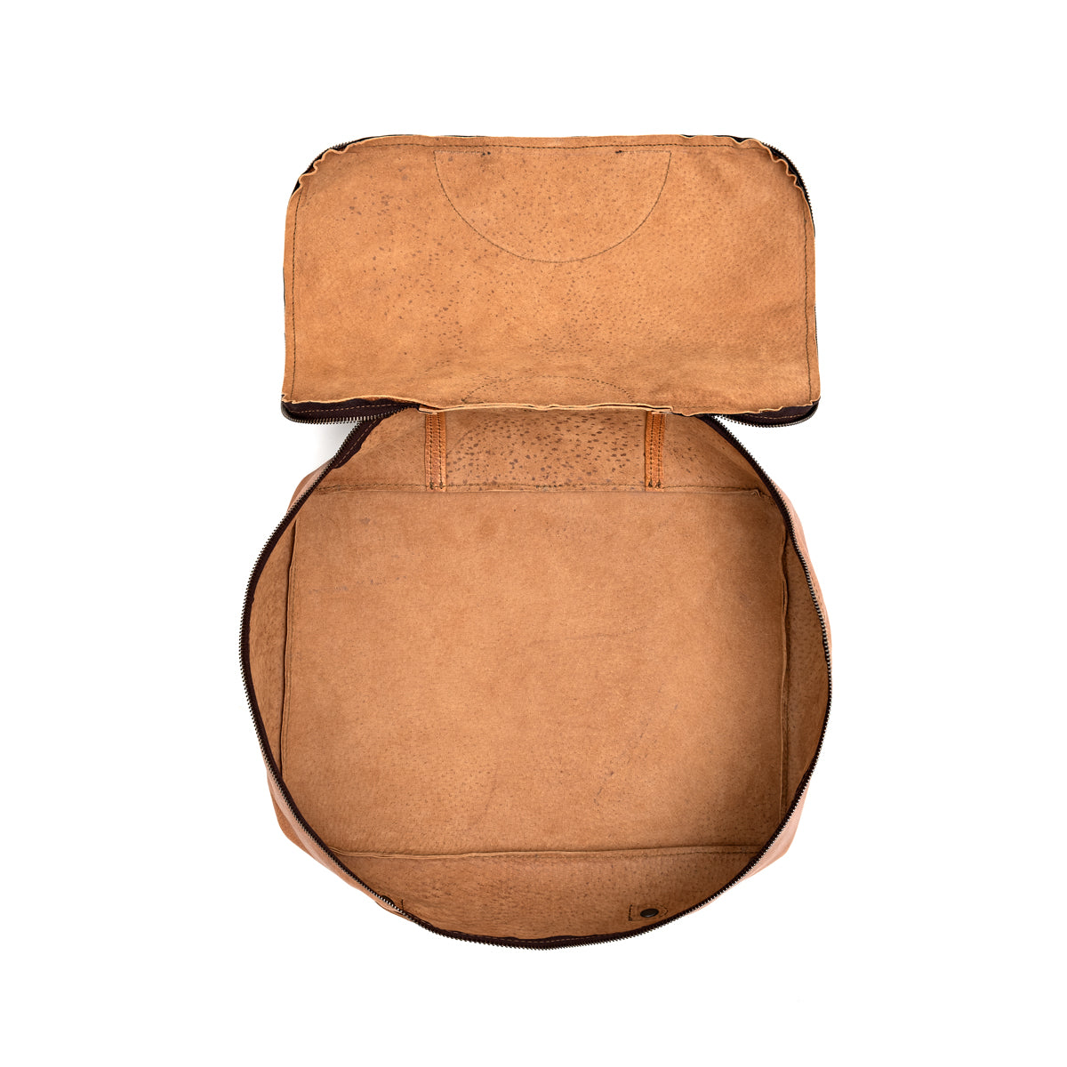 Pigskin Leather Packing Cube Set, medium cube unzipped flat showing the empty suede interior