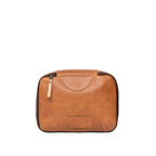 Pigskin Leather Packing Cube Set, small cube top view with embossed logo and label window