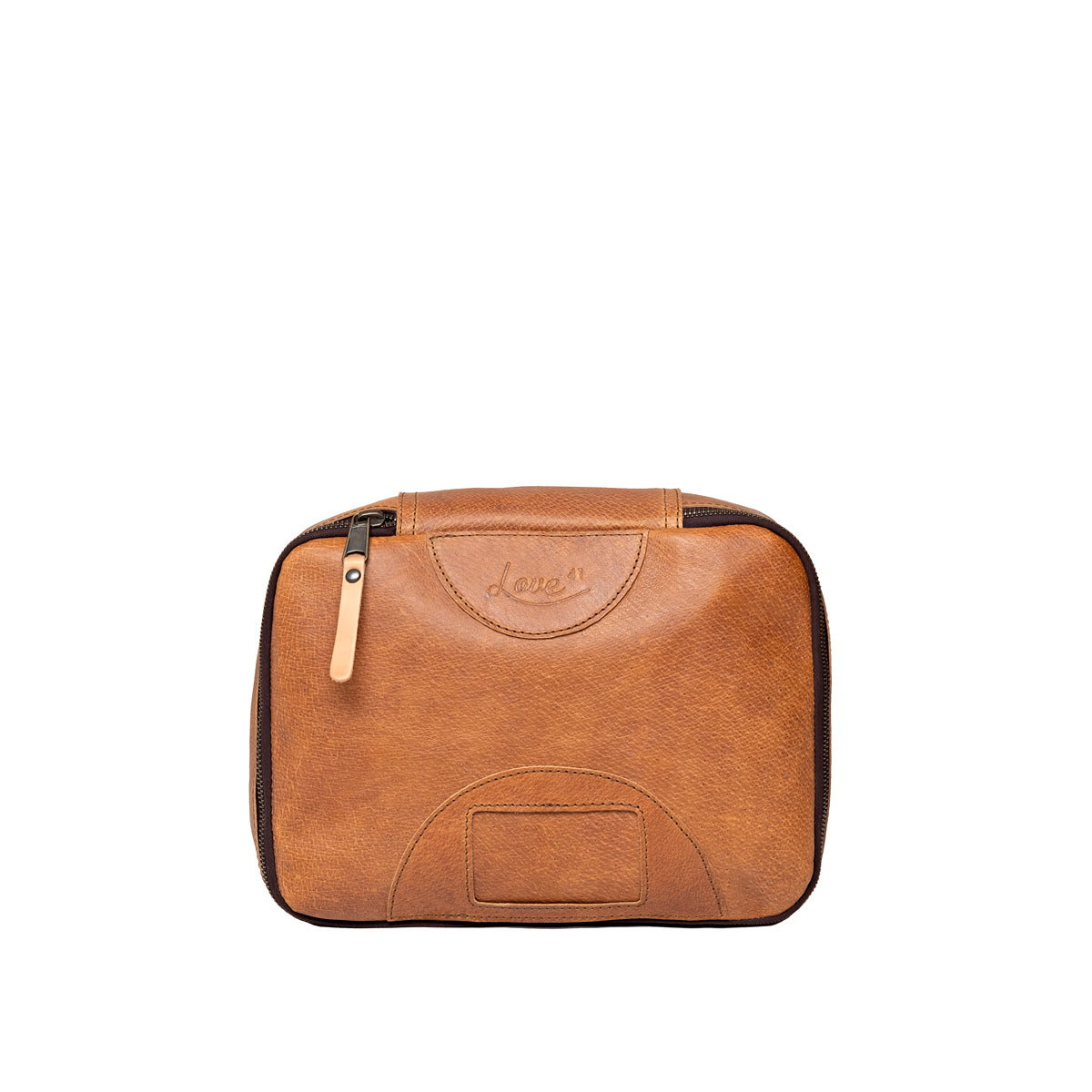 Pigskin Leather Packing Cube Set, small cube top view with embossed logo and label window