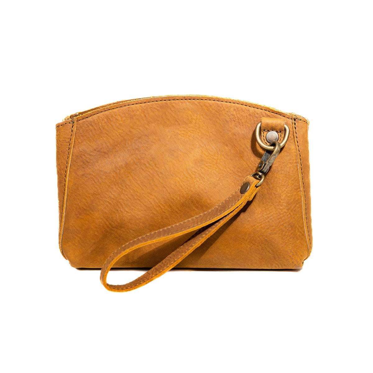 Leather Organizer Clutch in Tobacco, back view with wrist strap clipped to the D-ring