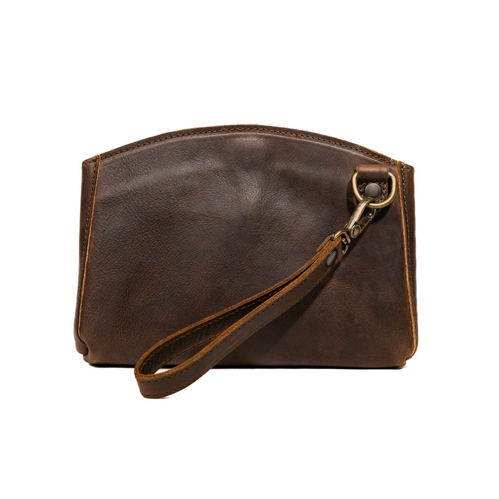 Leather Organizer Clutch in Dark Coffee Brown, back view with wrist strap clipped to the D-ring