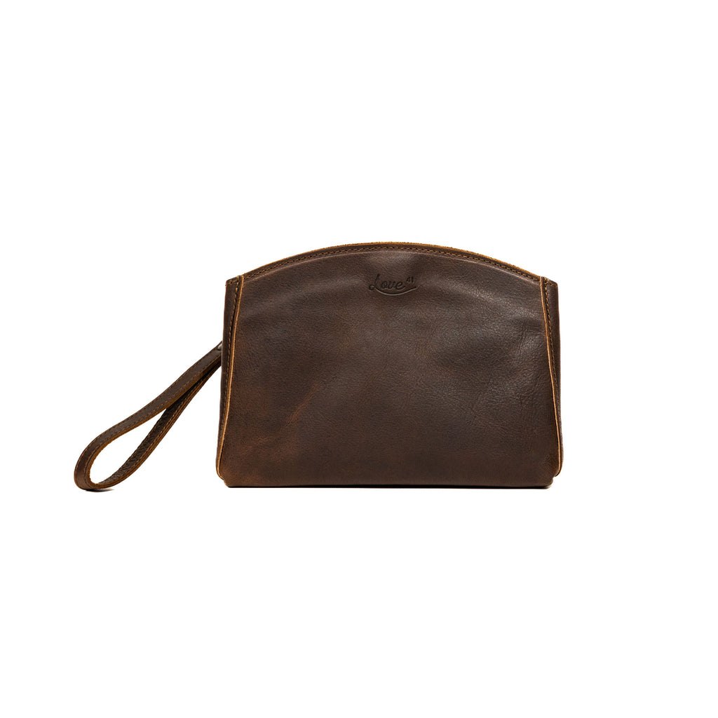 Leather Organizer Clutch in Dark Coffee Brown, front view with embossed logo and wrist strap