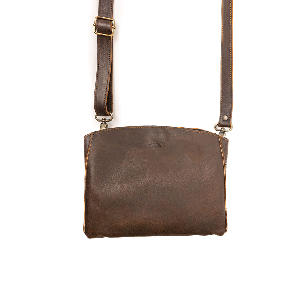 Leather Organizer Crossbody in Dark Coffee Brown, front view with buckled adjustable strap