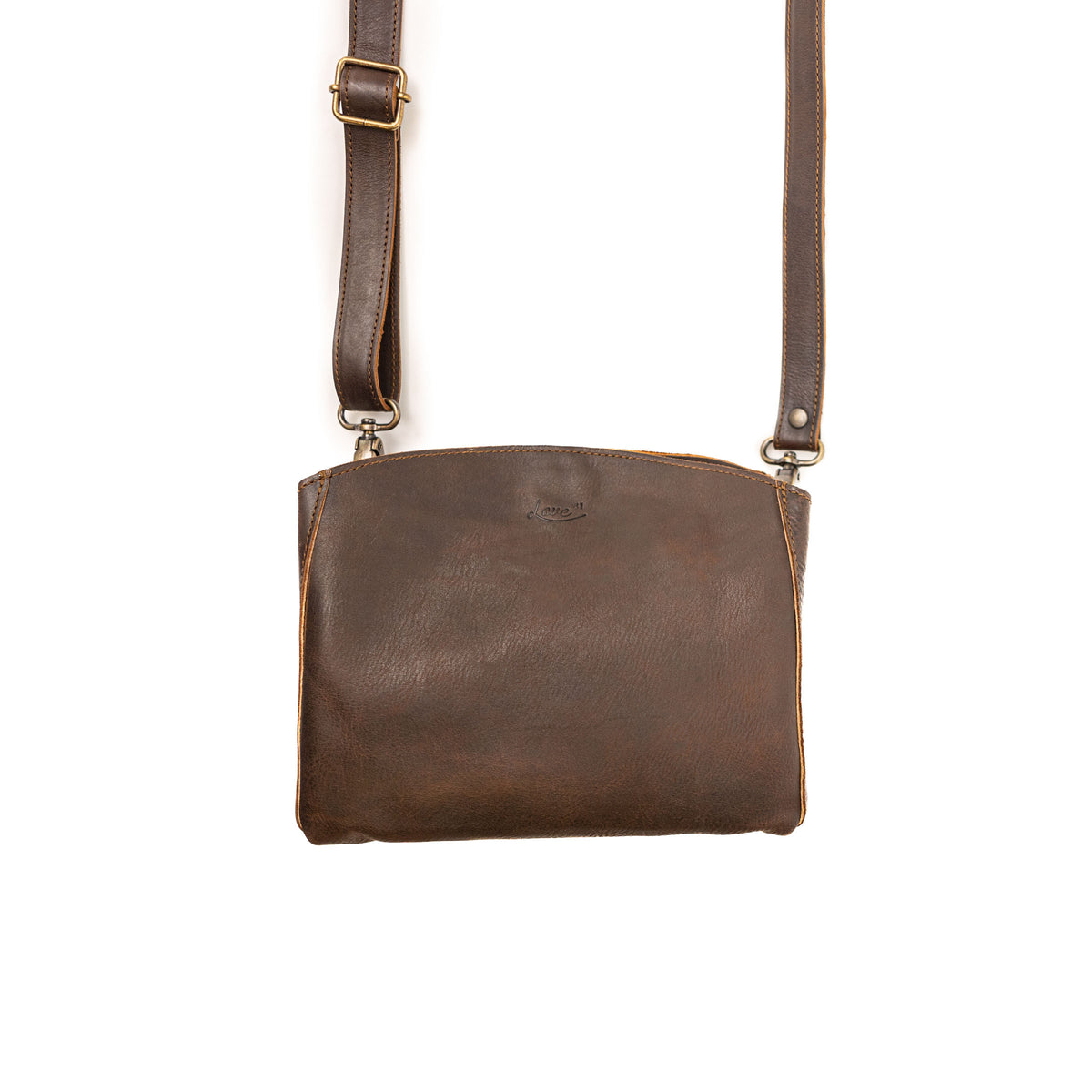 Leather Organizer Crossbody in Dark Coffee Brown, front view with buckled adjustable strap