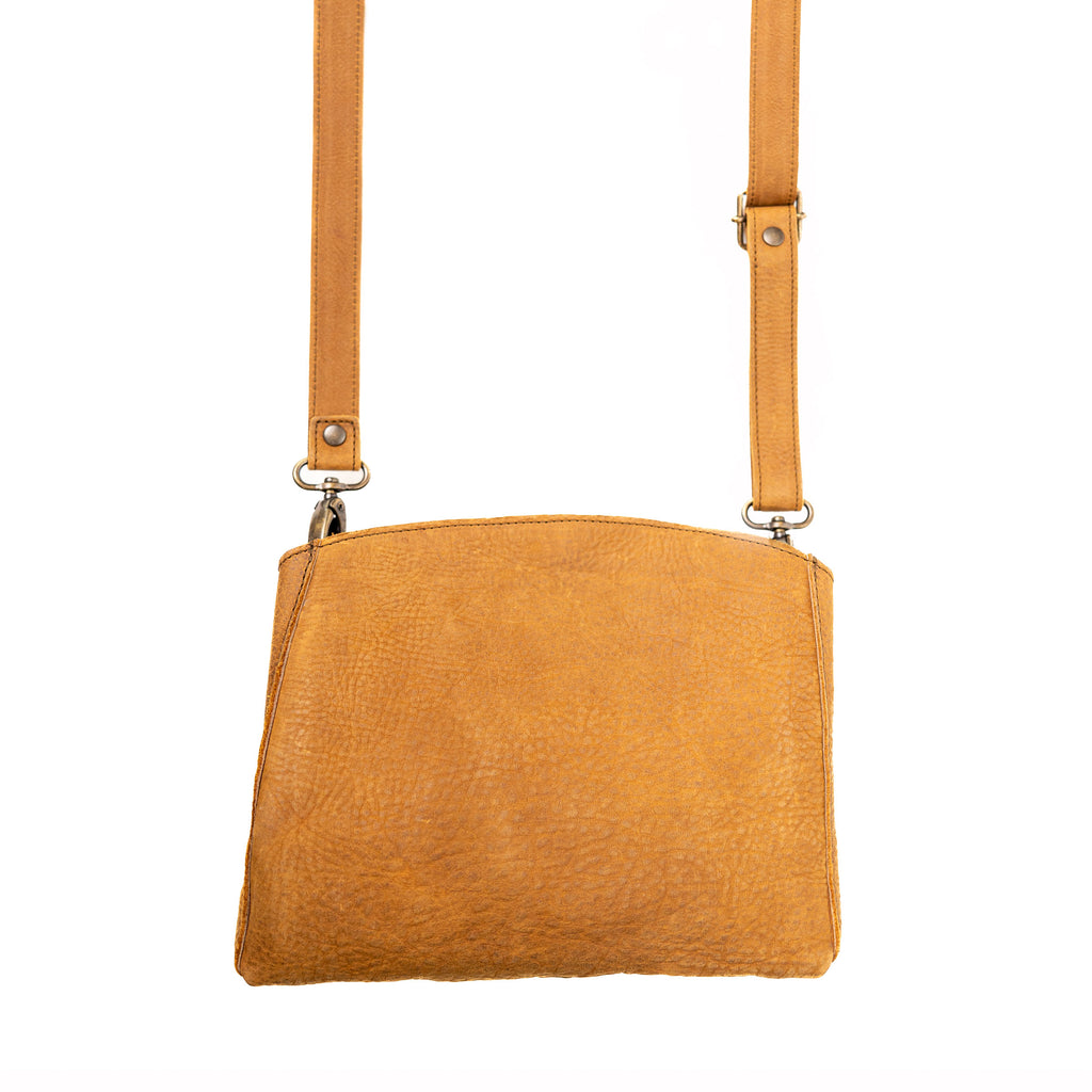Leather Organizer Crossbody in Tobacco, back view with adjustable strap