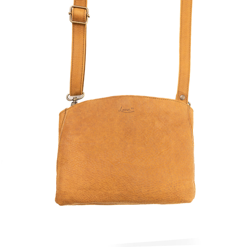 Leather Organizer Crossbody in Tobacco, front view with embossed logo and buckled adjustable strap