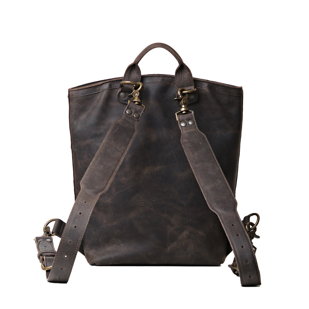 Lanita Leather Backpack in charcoal gray, back view with adjustable shoulder straps